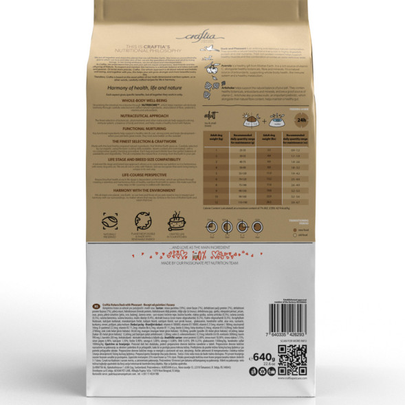 CRAFTIA NATURA сухой корм для взрослых собак миниатюрных и мелких пород с уткой и фазаном - 640 г