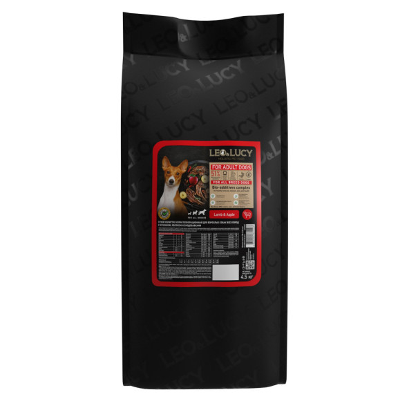 LEO&amp;amp;LUCY сухой холистик корм для взрослых собак всех пород с ягненком и яблоком - 4,5 кг