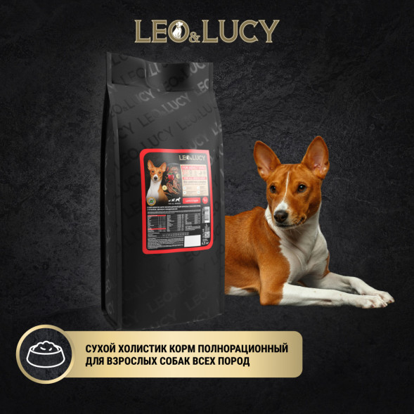 LEO&amp;amp;LUCY сухой холистик корм для взрослых собак всех пород с ягненком и яблоком - 4,5 кг