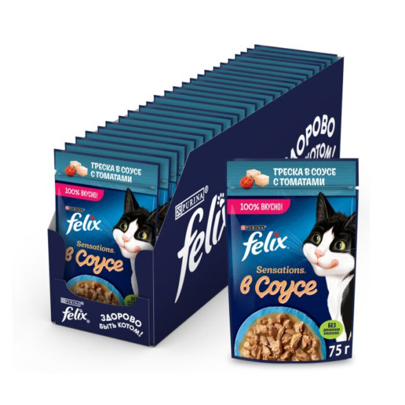 Влажный корм FELIX Sensations Соус с треской в соусе с томатами 75 г х 26