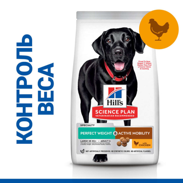 Hills Science Plan Perfect Weight &amp;amp; Active Mobility сухой корм для собак крупных пород для снижения веса и поддержания подвижности, с курицей - 12 кг