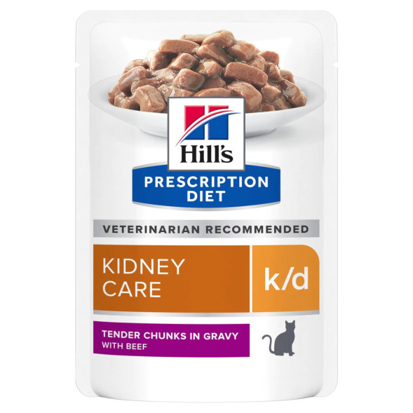 Hills Prescription Diet k/d влажный диетический корм для кошек при хронической болезни почек, с говядиной, в паучах - 85 г x 12 шт