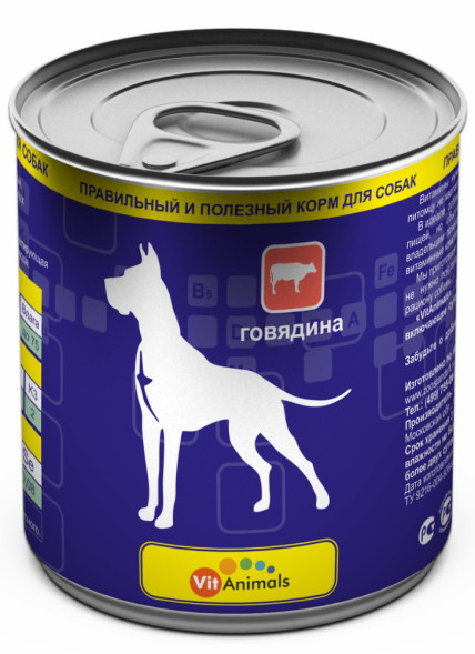 VitAnimals влажный корм для взрослых собак с говядиной, в консервах - 750 г х 12 шт