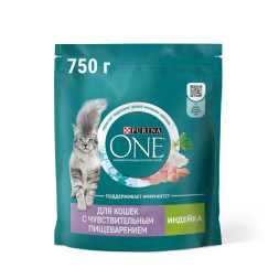 Purina One сухой корм для взрослых кошек с чувствительным пищеварением с индейкой и рисом - 750 г
