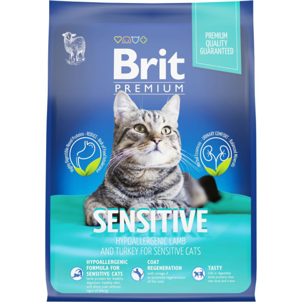 Brit Premium Cat Sensitive сухой корм для взрослых кошек с чувствительным пищеварением с ягненком и индейкой - 2 кг