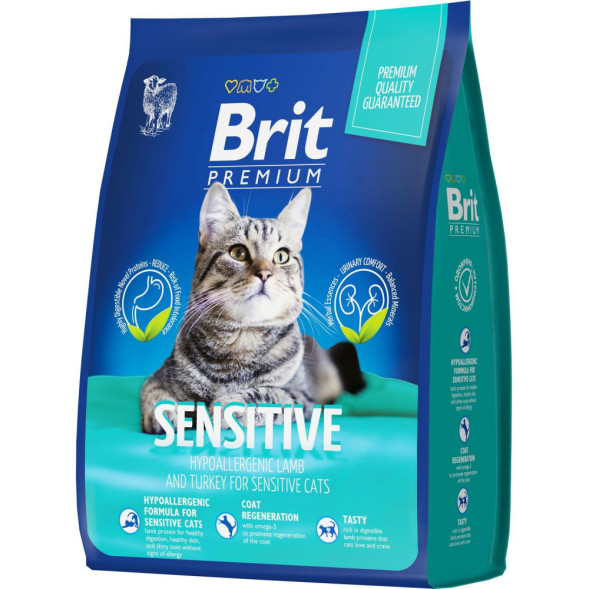 Brit Premium Cat Sensitive сухой корм для взрослых кошек с чувствительным пищеварением с ягненком и индейкой - 2 кг