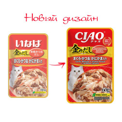 Inaba Ciao Kinnodashi влажный корм для взрослых кошек Тунец Магуро и Тунец Кацуо с крабом сурими, в паучах - 60 г х 12 шт
