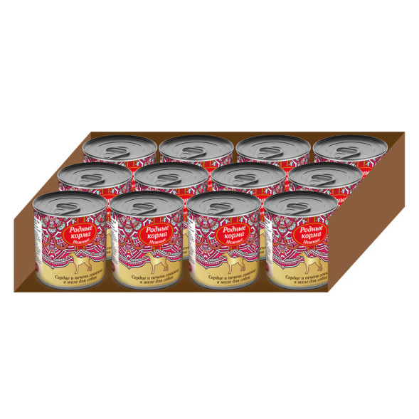 Родные Корма Нежные влажный корм для взрослых собак Сердце и печень говяжьи в желе в консервах - 240 г х 12 шт