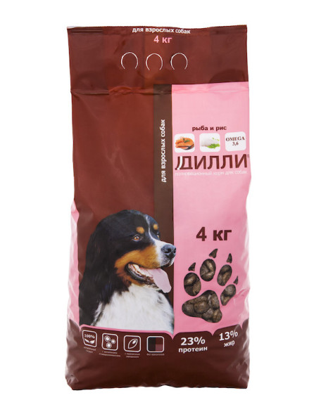 Дилли сухой корм для взрослых собак с рыбой и рисом - 4 кг