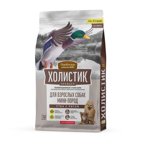 Деревенские лакомства Холистик Премьер сухой корм для взрослых собак мелких пород с уткой и рисом - 1 кг