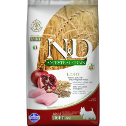 Farmina N&amp;amp;D Ancestral Grain Dog Light Adult Mini сухой низкозерновой корм для взрослых собак мелких пород с избыточным весом с курицей и гранатом - 2,5 кг