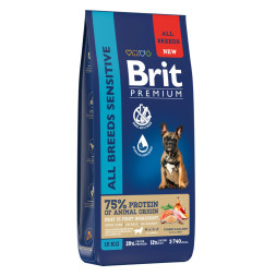 Brit Premium Dog Adult Sensitive сухой корм для взрослых собак всех пород с чувствительным пищеварением, с индейкой и лососем - 15 кг