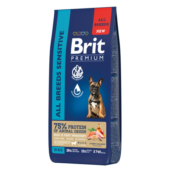 Brit Premium Dog Adult Sensitive сухой корм для взрослых собак всех пород с чувствительным пищеварением, с индейкой и лососем - 15 кг