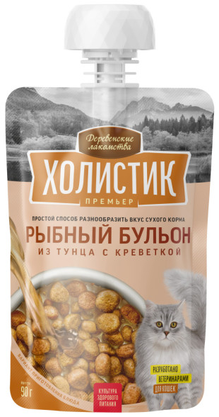 Деревенские Лакомства Холистик Премьер лакомство для кошек рыбный бульон с тунцом и креветкой - 90 г х 10 шт
