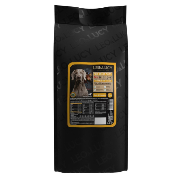 LEO&amp;amp;LUCY сухой холистик корм для взрослых и пожилых собак крупных пород с уткой и тыквой - 4,5 кг