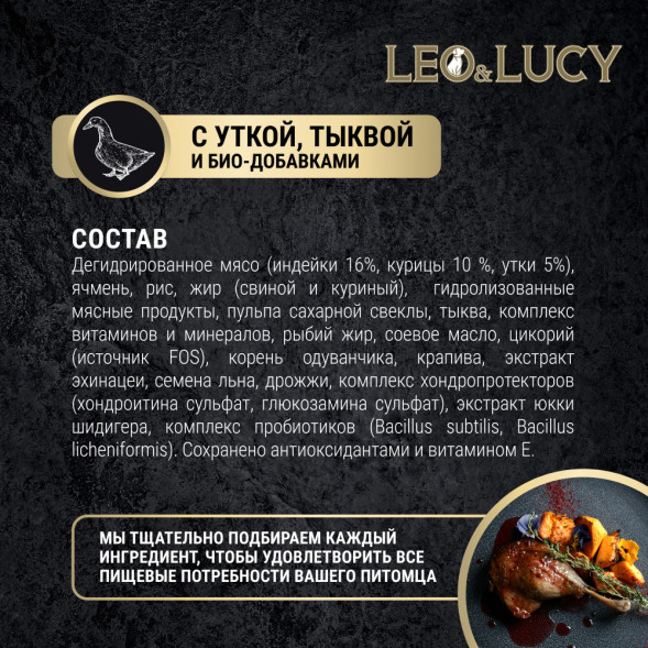 LEO&amp;amp;LUCY сухой холистик корм для взрослых и пожилых собак крупных пород с уткой и тыквой - 4,5 кг