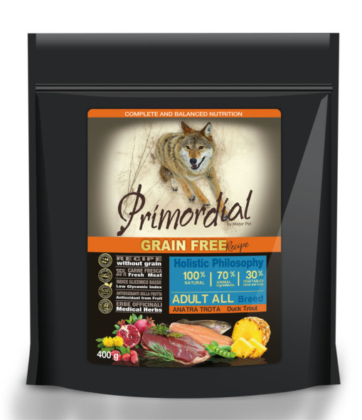 Primordial сухой беззерновой корм для взрослых собак с форелью и уткой - 400 г
