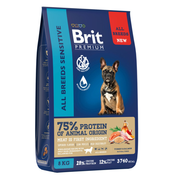 Brit Premium Dog Adult Sensitive сухой корм для взрослых собак всех пород с чувствительным пищеварением, с индейкой и лососем - 8 кг
