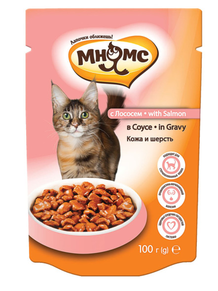 Мнямс Кожа и шерсть влажный корм для взрослых кошек с лососем в соусе - 100 г (24 шт в уп)