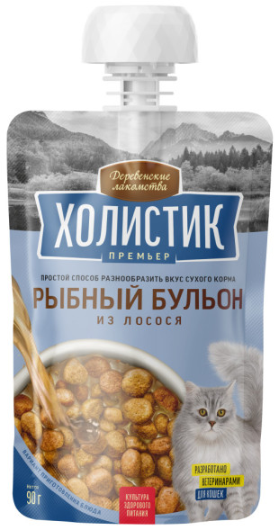 Деревенские Лакомства Холистик Премьер лакомство для кошек рыбный бульон из лосося - 90 г х 10 шт