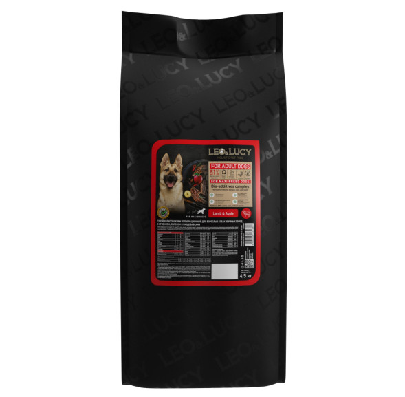 LEO&amp;amp;LUCY сухой холистик корм для взрослых собак крупных пород с ягненком и яблоком - 4,5 кг