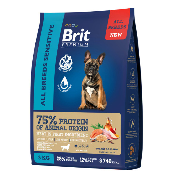 Brit Premium Dog Adult Sensitive сухой корм для взрослых собак всех пород с чувствительным пищеварением, с индейкой и лососем - 3 кг