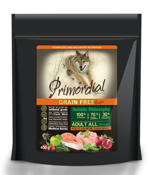 Primordial сухой беззерновой корм для взрослых собак с курицей и лососем - 400 г