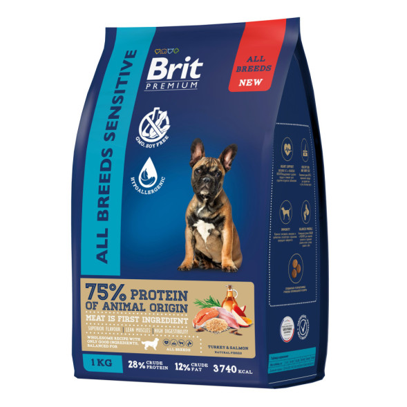 Brit Premium Dog Adult Sensitive сухой корм для взрослых собак всех пород с чувствительным пищеварением, с индейкой и лососем - 1 кг