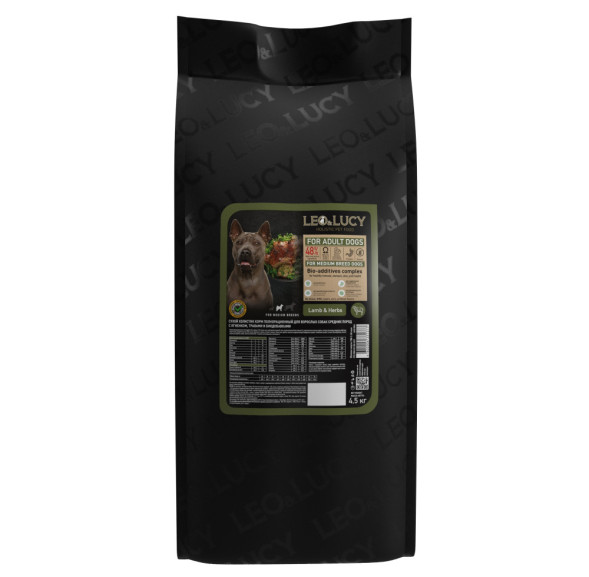 LEO&amp;amp;LUCY сухой холистик корм для взрослых собак средних пород с ягненком и травами - 4,5 кг