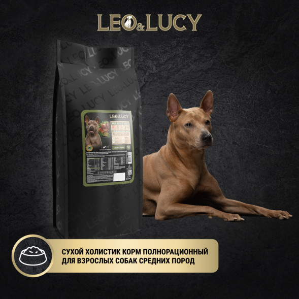 LEO&amp;amp;LUCY сухой холистик корм для взрослых собак средних пород с ягненком и травами - 4,5 кг