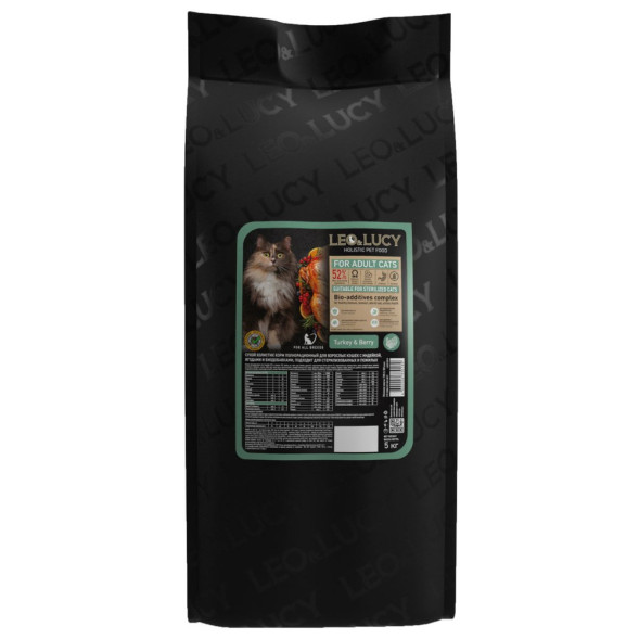 LEO&amp;amp;LUCY сухой холистик корм для взрослых и пожилых стерилизованных кошек с индейкой и ягодами - 5 кг