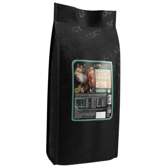 LEO&amp;amp;LUCY сухой холистик корм для взрослых и пожилых стерилизованных кошек с индейкой и ягодами - 5 кг