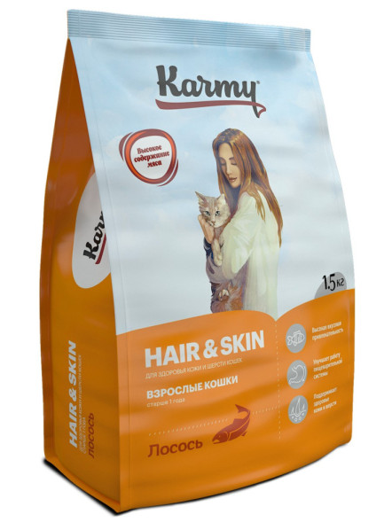 Karmy Hair &amp;amp; Skin сухой корм для взрослых кошек для здоровья кожи и шерсти c лососем - 1,5 кг