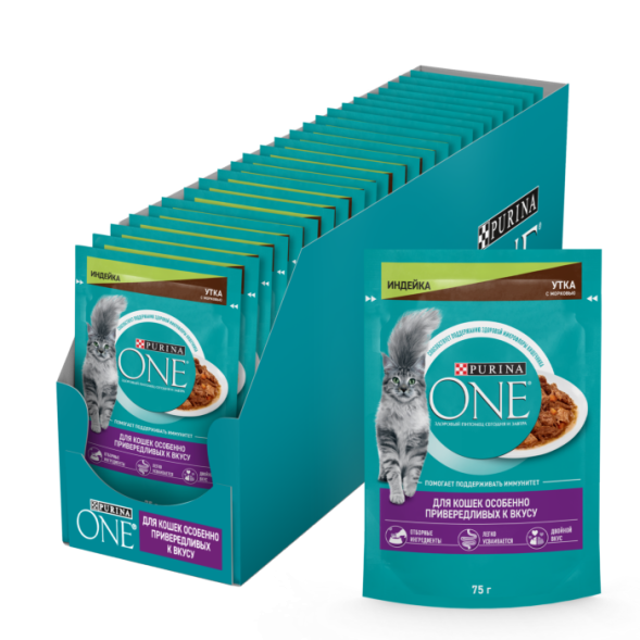 Влажный корм Purina ONE® для кошек особенно привередливых к вкусу, индейка и утка с морковью, 75г х 26 шт