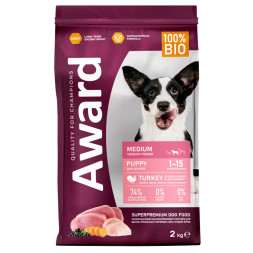 AWARD сухой корм для щенков средних пород от 1 месяца, беременных и кормящих сук, с индейкой, курицей, морковью и черной смородиной - 2 кг