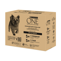 Purina ONE Мини набор паучей для активных взрослых собак мелких пород с говядиной, картофелем и морковью в подливе; с уткой, пастой и зеленой фасолью в подливе - 85 г х 10 шт