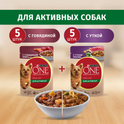 Purina ONE Мини набор паучей для активных взрослых собак мелких пород с говядиной, картофелем и морковью в подливе; с уткой, пастой и зеленой фасолью в подливе - 85 г х 10 шт