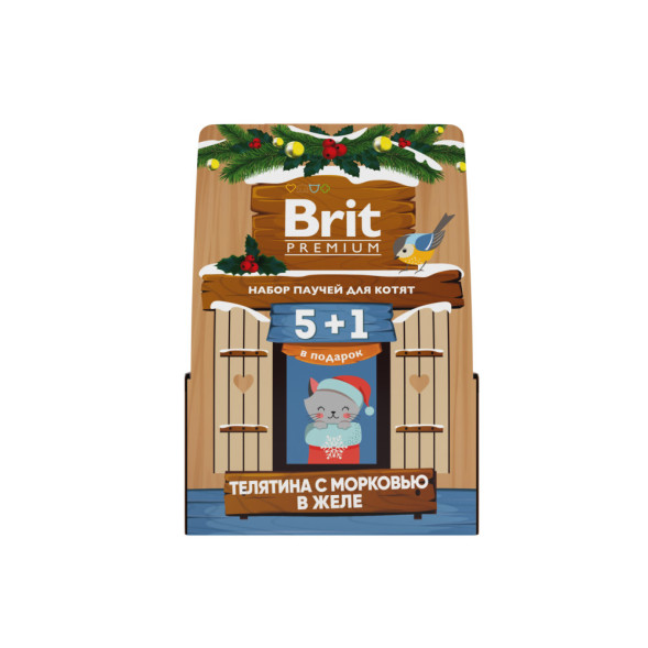 Brit Premium кормушка набор паучей для котят с телятиной и морковью, кусочки в желе - 85 г х 5+1 шт