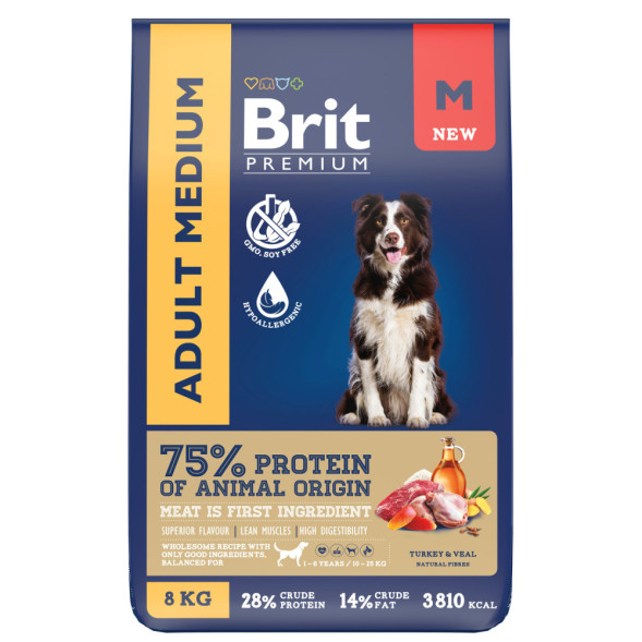 Brit Premium Dog Adult Medium сухой корм для взрослых собак средних пород (10-25 кг), с индейкой и телятиной - 8 кг