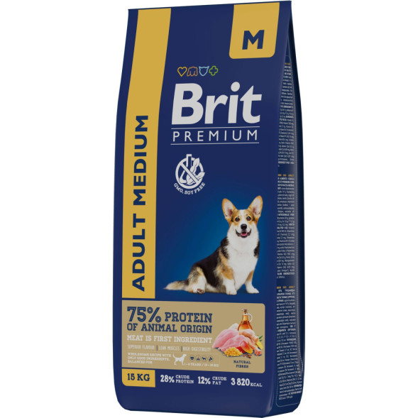Brit Premium Dog Adult Medium сухой корм для взрослых собак средних пород с курицей - 15 кг