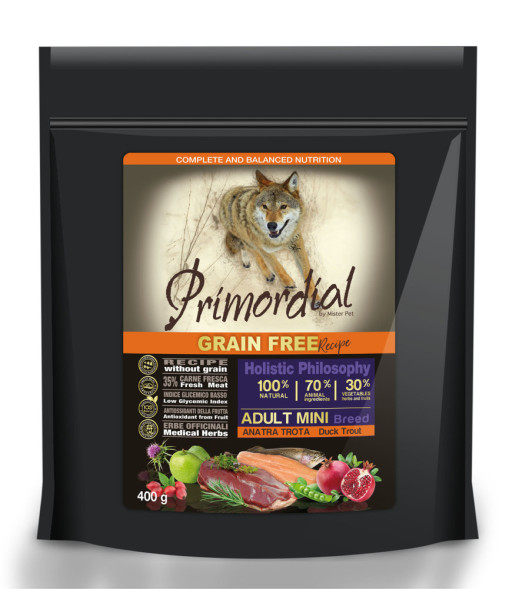 Primordial сухой беззерновой корм для взрослых собак мелких пород с форелью и уткой - 400 г