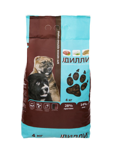 Дилли сухой корм для щенков крупных пород с курицей и индейкой - 4 кг
