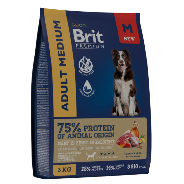 Brit Premium Dog Adult Medium сухой корм для взрослых собак средних пород (10-25 кг), с индейкой и телятиной - 3 кг