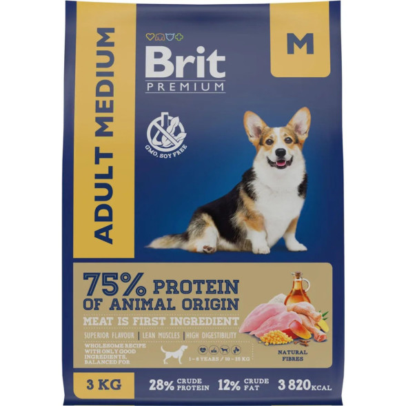 Brit Premium Dog Adult Medium сухой корм для взрослых собак средних пород с курицей - 3 кг