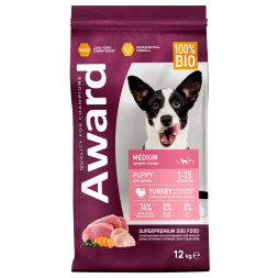 AWARD сухой корм для щенков средних пород от 1 месяца, беременных и кормящих сук, с индейкой, курицей, морковью и черной смородиной - 12 кг