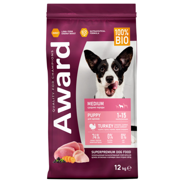AWARD сухой корм для щенков средних пород от 1 месяца, беременных и кормящих сук, с индейкой, курицей, морковью и черной смородиной - 12 кг
