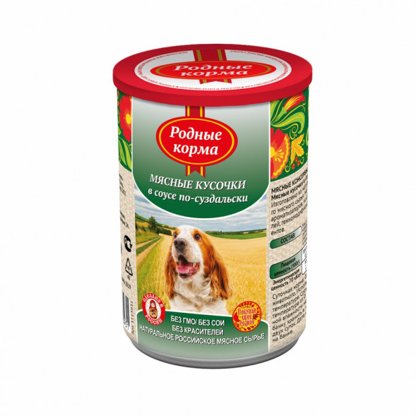 Родные Корма влажный корм для взрослых собак Мясные кусочки в соусе по-суздальски в консервах - 410 г х 9 шт