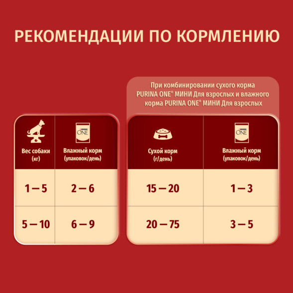 Purina ONE Мини набор паучей для взрослых собак мелких пород, с курицей, морковью и зеленой фасолью в подливе; с говядиной, картофелем и горохом в подливе - 85 г х 10 шт