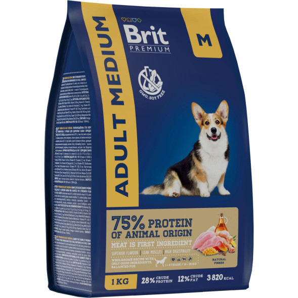 Brit Premium Dog Adult Medium сухой корм для взрослых собак средних пород с курицей - 1 кг