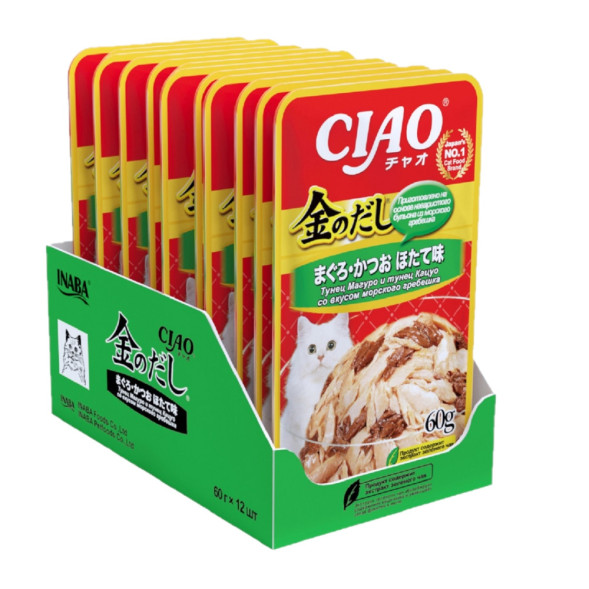 Inaba Ciao Kinnodashi влажный корм для взрослых кошек Тунец Магуро и Тунец Кацуо с гребешком, в паучах - 60 г х 12 шт